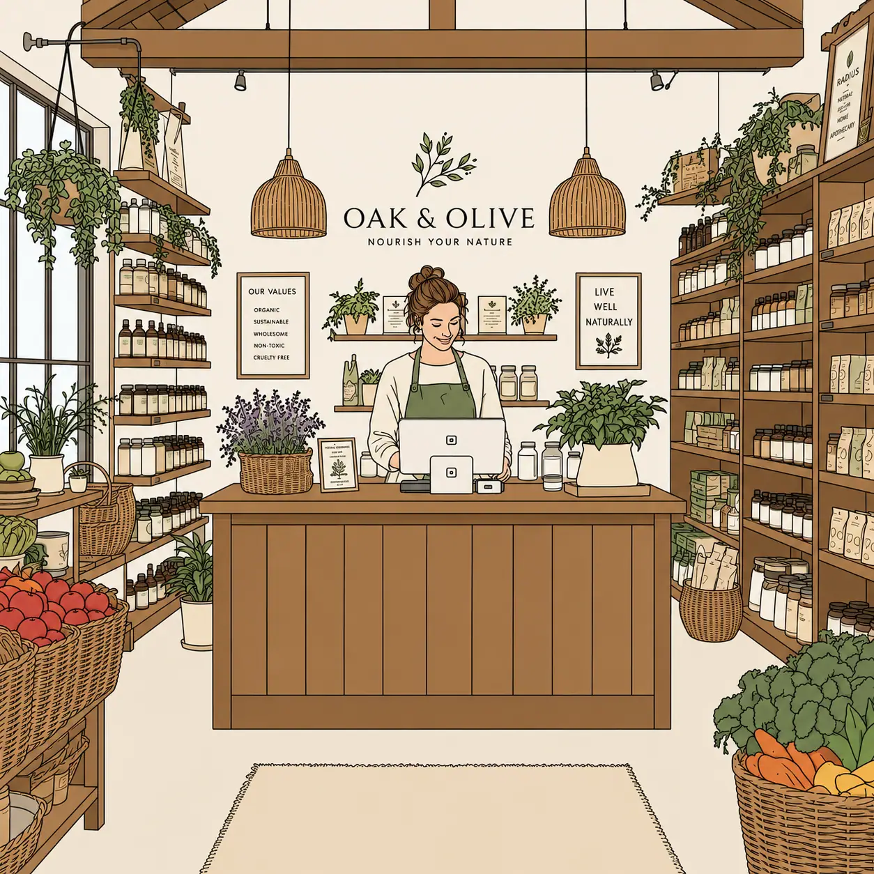 Illustration of the Oak & Olive owner behind the counter