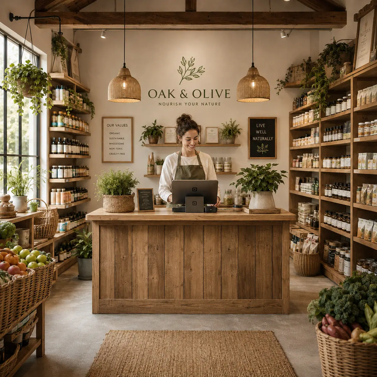 Photorealistic portrait of the Oak & Olive owner