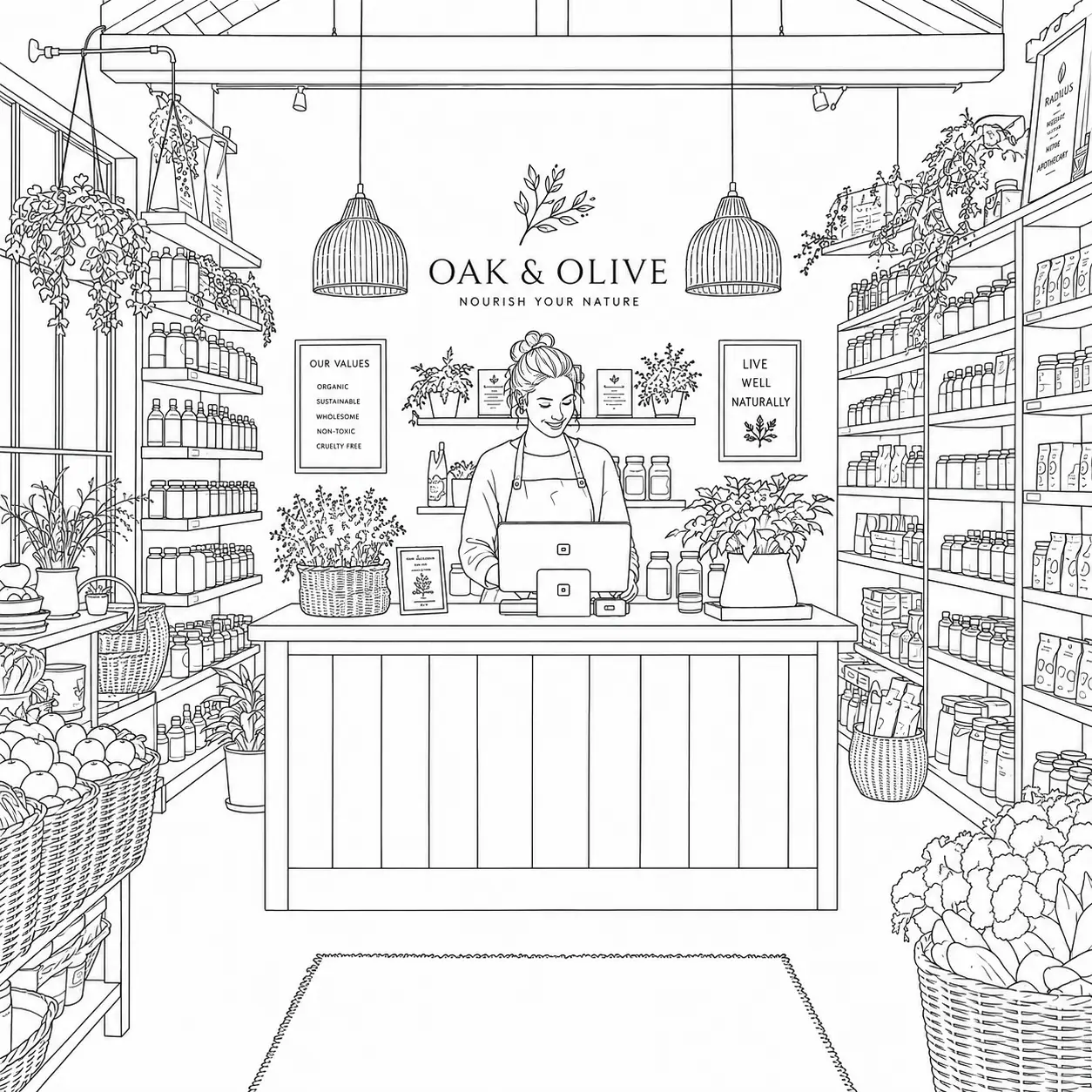 Line sketch of the Oak & Olive owner at the counter