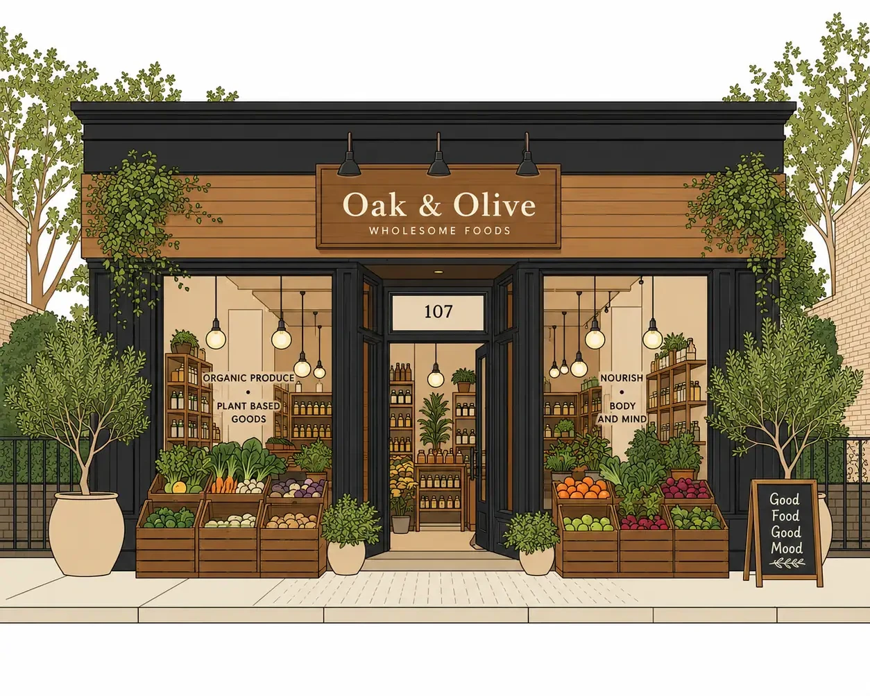 Illustrated color rendering of the Oak & Olive storefront