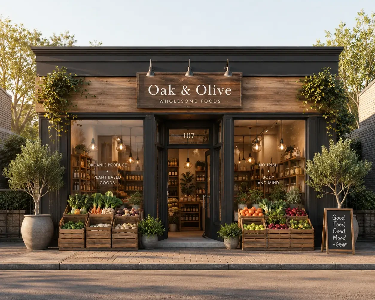 Photograph of the Oak & Olive storefront at golden hour
