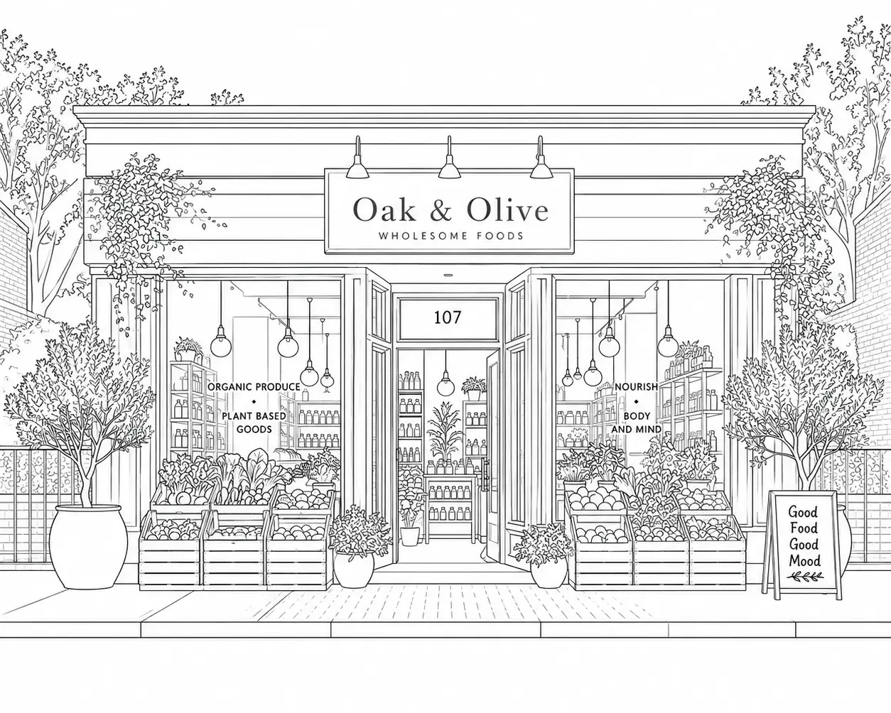 Line drawing of the Oak & Olive storefront