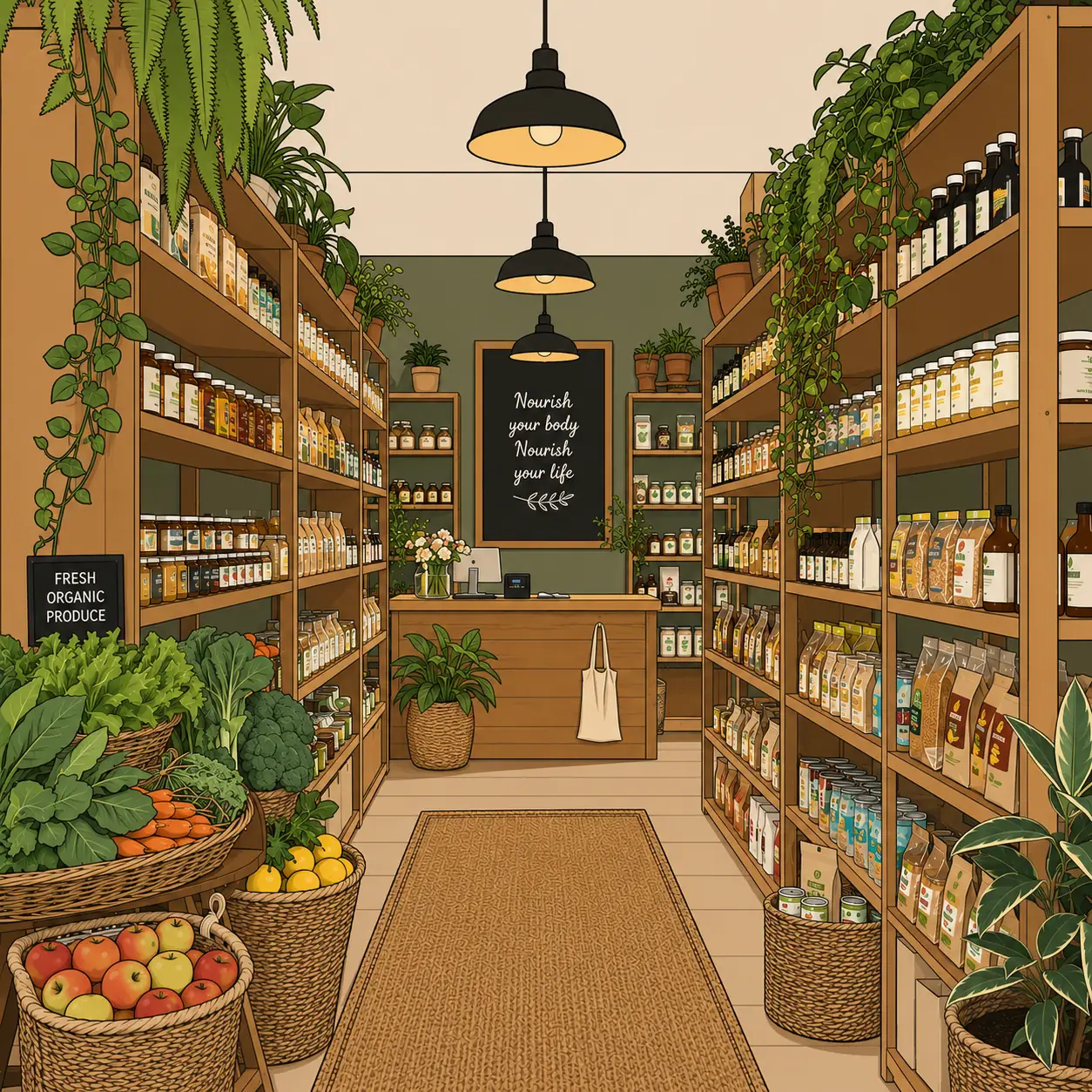 Illustrated view of the Oak & Olive interior with wooden shelves and produce